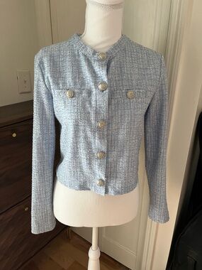 H&M Cropped Tweed Blazer Jacket Light Blue Silver Button Women Small